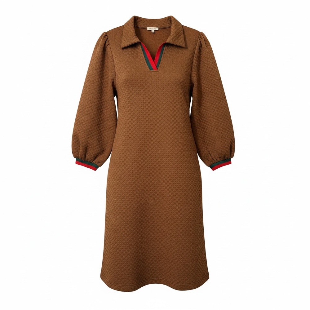 JODIFL Brown Textured Puff Sleeve Dress - Small - Trim Detail with Pockets